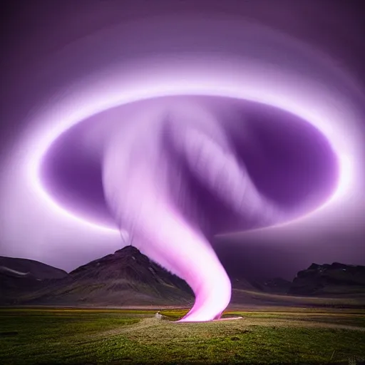 Image similar to amazing landscape photo of a purple tornado in the shape of a cone by marc adamus, digital art, beautiful dramatic lighting