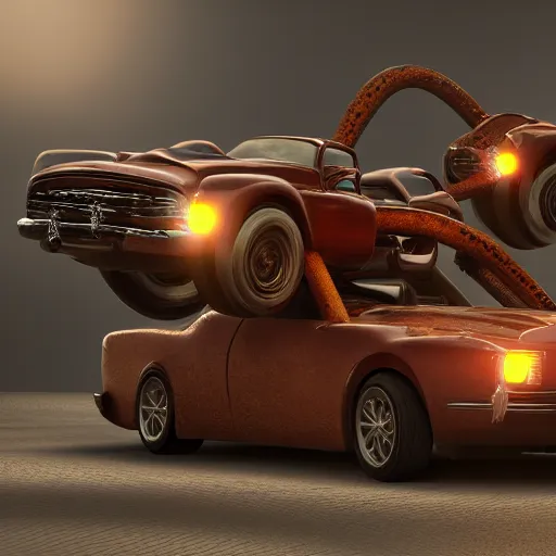 Image similar to mechanical greek hydra with cars as heads, cinematic, diffuse light, rendered in povray