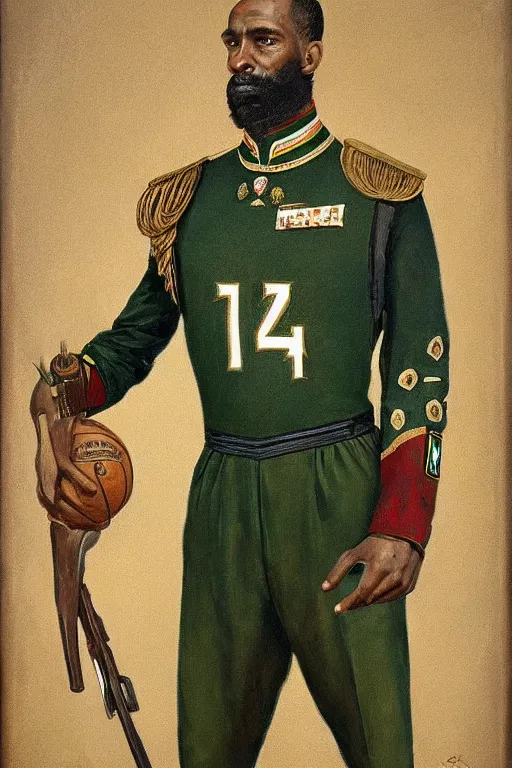 Image similar to full body portrait of the dictator of the milwaukee bucks, 1 8 8 9, in full military garb, on canvas by william sidney mount, trending on artstation