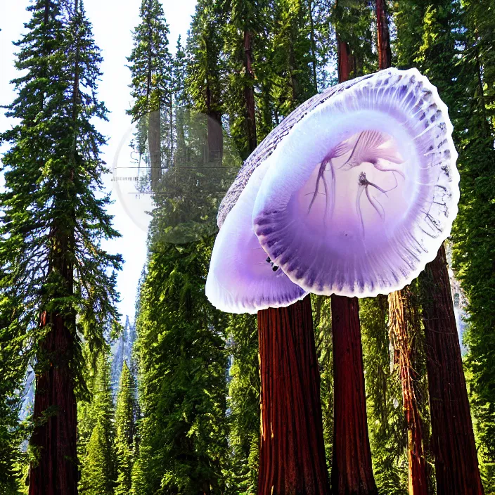 Image similar to giant jelly fish floating in air swarm among the giant sequoia trees at 2875 adanac.st vanvcouver,british columbia,canada