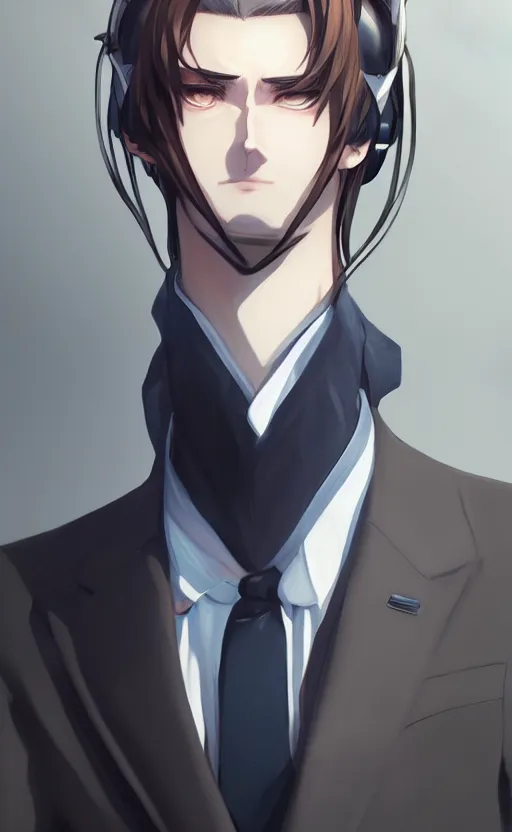 Prompt: A realistic anime portrait of a handsome young man with cat ears wearing a suit, white background, by WLOP and Rossdraws, digtial painting, trending on ArtStation