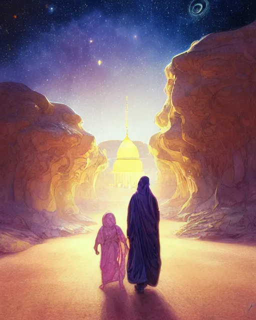 Image similar to bedouin man and woman and child in galaxy walking towards mosque surrounded by nebula, highly detailed, gold filigree, romantic storybook fantasy, soft cinematic lighting, award, disney concept art watercolor illustration by mandy jurgens and alphonse mucha and alena aenami, pastel color palette, featured on artstation