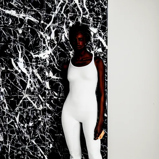 Image similar to very very beautiful dark black marble statue of a woman in the style of virgil abloh, colorful motocross logos on the wall behind her, sharp focus, clear, detailed,, cinematic, detailed, off white, heron preston, matthew williams, acronym, glamourous, symmetrical, vogue, editorial, fashion, magazine shoot, glossy