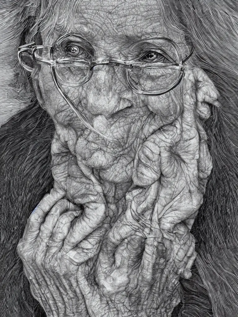 Image similar to a wise old woman with wrinkles and circular spectacles with a glint of dawn light twinkling in her eye, hyper-detailed, digital art