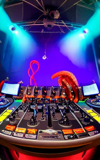 Image similar to award winning photo of an octopus! as a dj with tentacles! simultaneously placed turntables cdjs and knobs of a pioneer dj mixer. sharp, blue and fuschia colorful lighting, in front of a large crowd, studio, medium format, 8 k detail, volumetric lighting, wide angle, at an outdoor psytrance festival main stage at night