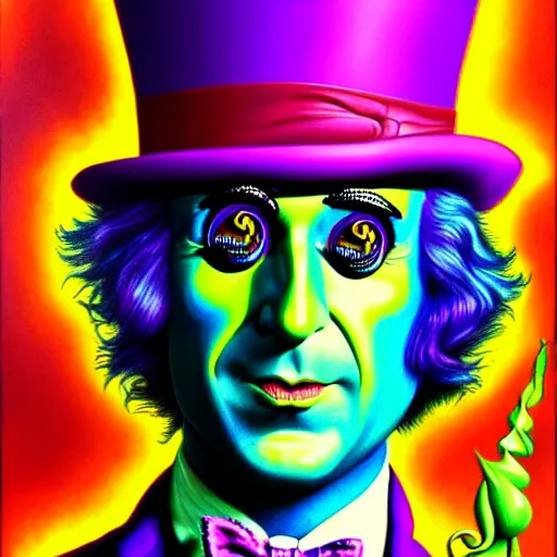 Prompt: an extremely psychedelic portrait of willy wonka, surreal, lsd, face, detailed, intricate, elegant, lithe, highly detailed, digital painting, artstation, concept art, smooth, sharp focus, illustration, art by jason edmiston