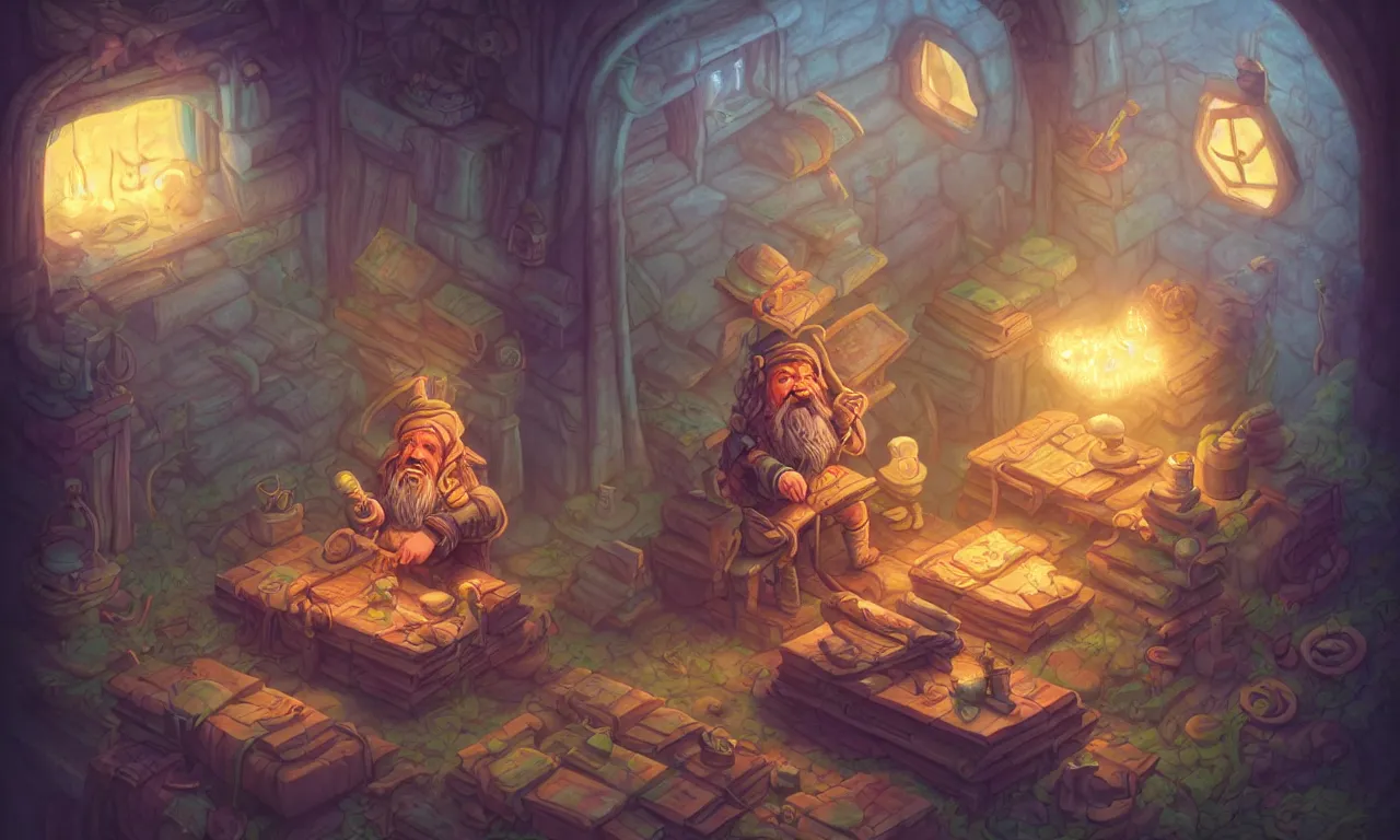 Prompt: dwarf tinkerer, twiddle, twoddle, kerberos, realm, open door, wizard reading a directory, nordic pastel colors, abandoned railroad, 3 d art, digital illustration, perfect lighting