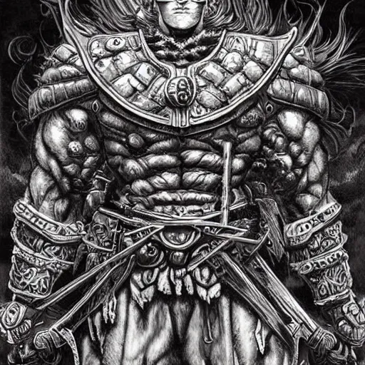 Prompt: intricate detailed burger warrior with huge swod, dark fantasy art by kentaro miura