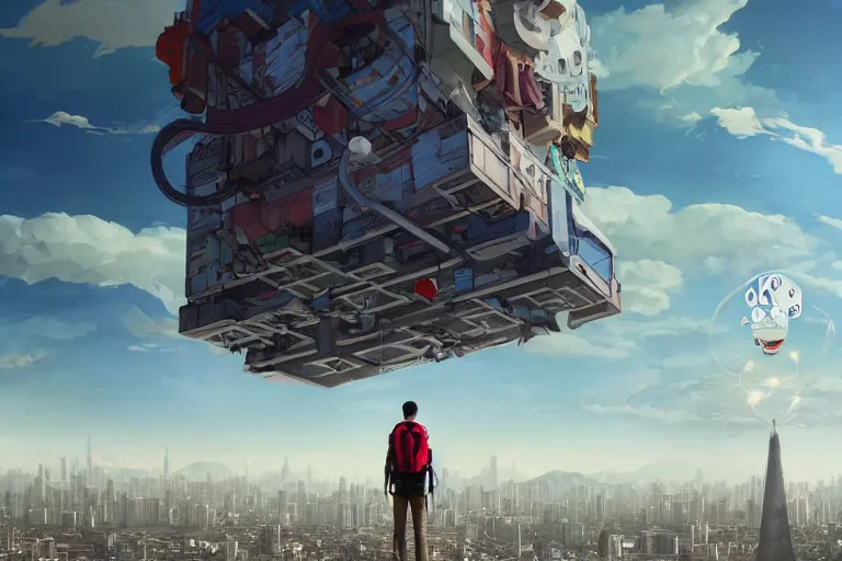 Image similar to a young man with a survivor backpack walking on clouds away from the camera perfectly centered above post - apocalyptic city by takashi murakami, beeple and james jean, aya takano color style, 4 k, super detailed, modern, 4 k, symmetrical