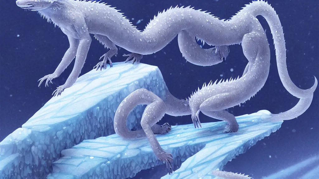 Image similar to white - haired anime fox lizard frozen in an ice floe, intricate, highly detailed, smooth, wide shot, artstation, digital illustration by wayne barlowe