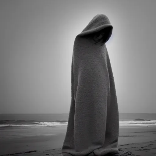 Prompt: Conceptual Art glitch girl wrapped in a blanket and very very tall monster looks into the distance on the beach, in the rain, style of Hiroshi Sugimoto, atmospheric,