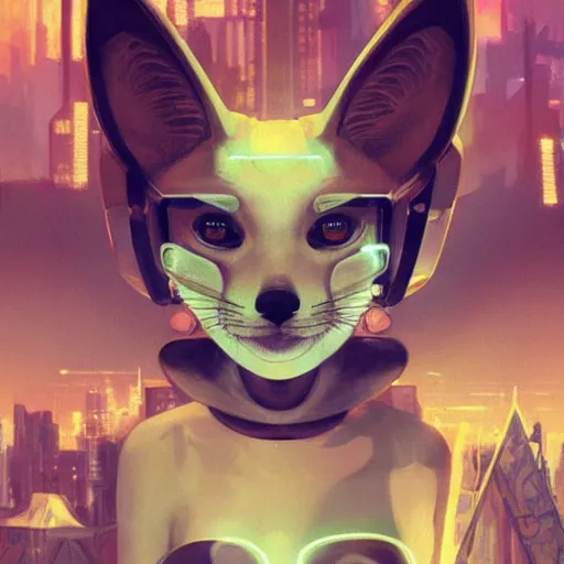Prompt: portrait futuristic fennec fox animal, wearing a santa hat on their head, in future cyberpunk rooftop , sci-fi, fantasy, intricate, very very beautiful, elegant, human anatomy, neon light, highly detailed, digital painting, artstation, concept art, smooth, sharp focus, illustration, art by tian zi and WLOP and alphonse mucha