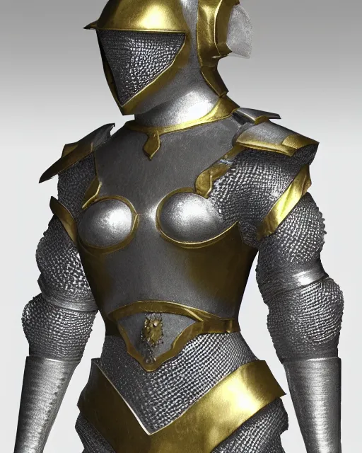 Image similar to medium mithril armor, silver with gold trim, fantasy character art, flat shading, trending on artstation