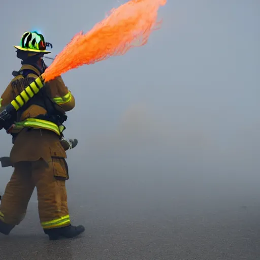 Prompt: a firefighter using a flamethrower