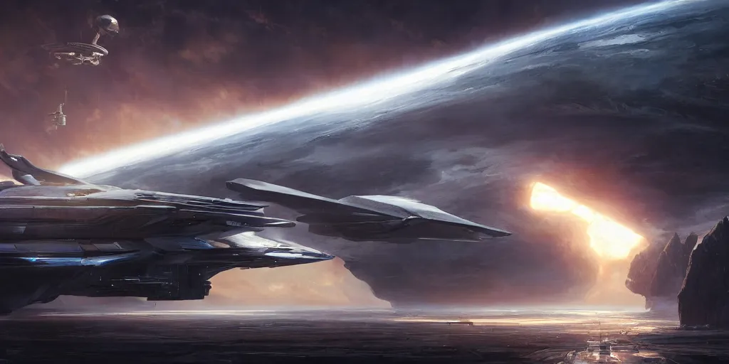 Image similar to hyper realistic sci - fi matte concept art painting of an epic cinematic shot of a starship over earth, strong composition painted by kim jung guweta studio rutkowski, james gurney and greg rutkowski, and lucasfilm, smooth, intricate, detailed, sharp focus, cinematic