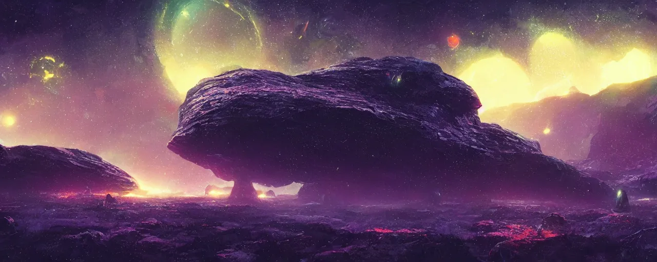 Image similar to ” small rock asteroid, [ black starry space, cinematic, detailed, epic, widescreen, opening, establishing, mattepainting, photorealistic, realistic textures, octane render, art by paul lehr ] ”