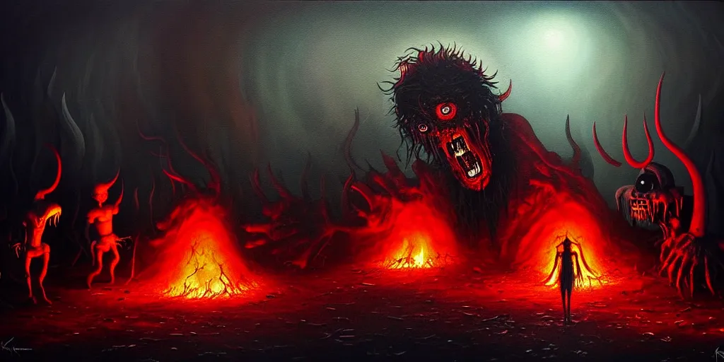 Image similar to repressed emotion creatures and monsters at the mouth of hell, dramatic lighting glow from giant fire, attempting to escape and start a revolution, in a dark surreal painting by ronny khalil