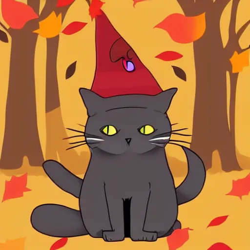 Image similar to very cute illustration of a cat wearing a witch hat, studio ghibli art style, warm fall colors