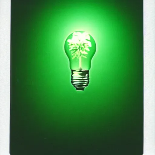 Image similar to a glowing lightbulb, a green plant inside, polaroid photo, surreal,