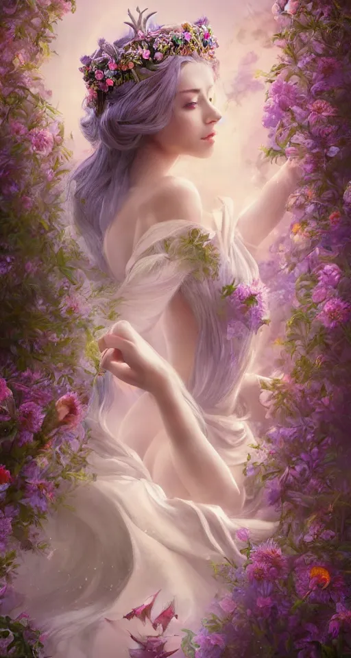 Prompt: A beautiful fantasy empress, full body, just one head, flower tiara, long hair, wearing dramatic aristocrat robe, delicate figure, field of fantasy flowers, foxes and deer, epic composition, ultra wide-shot, dynamic pose, concept art, beautifully lit, digital painting, smooth, character design, sharp focus, elegant, intricate, trending on artstation, by WLOP and James Jean and Victo Ngai