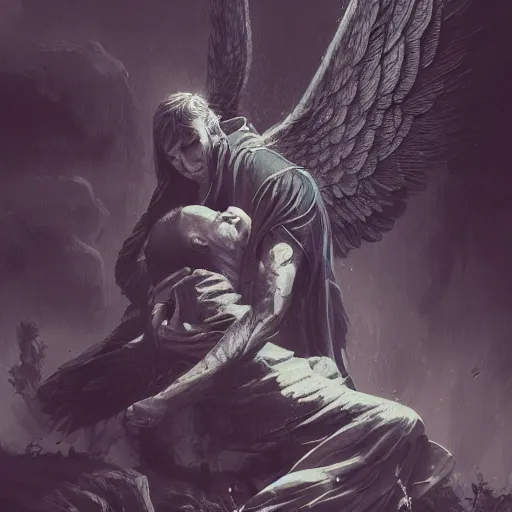 Image similar to angel protecting man, detailed intricate ink illustration, dark atmosphere, detailed illustration, hd, 4k, digital art, overdetailed art, by greg rutkowski, by loish, complementing colors, Trending on artstation, deviantart