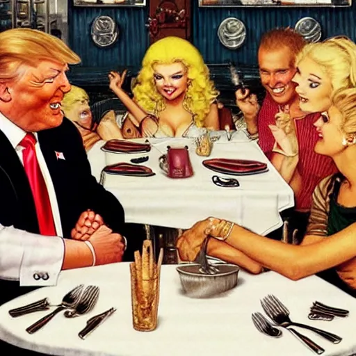 Image similar to smiling trump meets with [ laughing slaanesh warhammer 4 0 k ] at a diner, style of norman rockwell, 8 k, ultra detailed, photograph, rule of thirds.