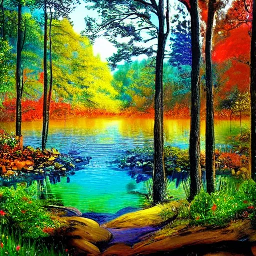 Image similar to colorful forest lake, realistic, detailed