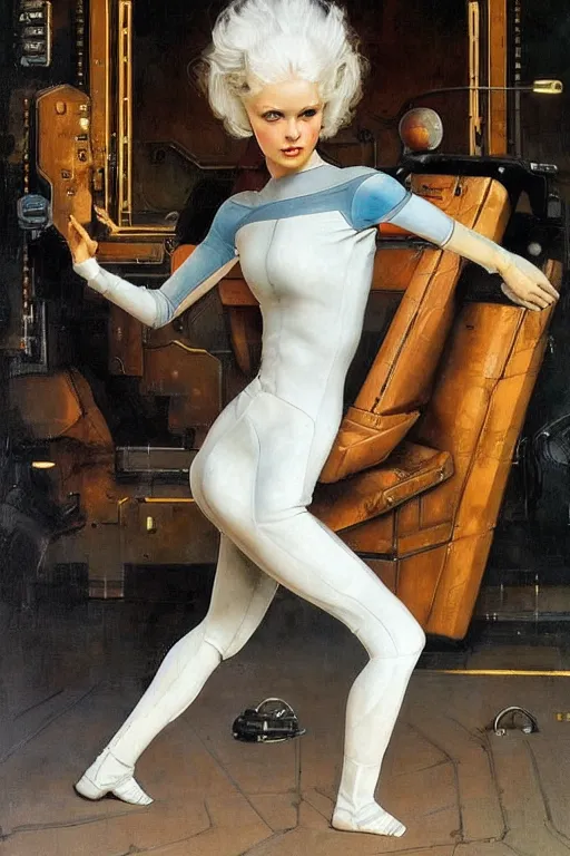 Image similar to pulp scifi fantasy illustration full body portrait android girl, gymnastique, white hair, in leather, by norman rockwell, roberto ferri, daniel gerhartz, edd cartier, jack kirby, howard v brown, ruan jia, tom lovell, frank r paul, jacob collins, dean cornwell, astounding stories, amazing, fantasy, other worlds