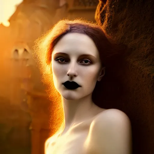 Image similar to photographic portrait of a stunningly beautiful gothic art nouveau secessionist movement female in soft dreamy light at sunset, contemporary fashion shoot, by edward robert hughes, annie leibovitz and steve mccurry, david lazar, jimmy nelsson, breathtaking, 8 k resolution, extremely detailed, beautiful, establishing shot, artistic, hyperrealistic, beautiful face, octane render