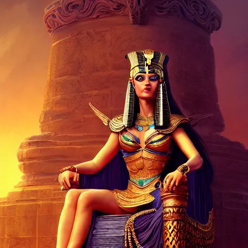 Prompt: Cleopatra sitting on her throne, beautiful eyes, full body, fantasy, beautiful face, vivid colors, elegant, concept art, sharp focus, digital art, Hyper-realistic, 4K, Unreal Engine, Highly Detailed, HD, Dramatic Lighting by Brom, trending on Artstation