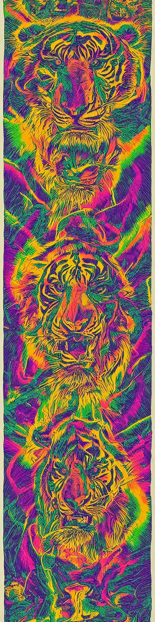 Prompt: tiger lion and bear dissolving into neon pieces, cubensis, aztec, basil wolverton, r crumb, hr giger, mc escher, dali, muted colors, muted rainbow tubing, folds and creases, hills and bumps