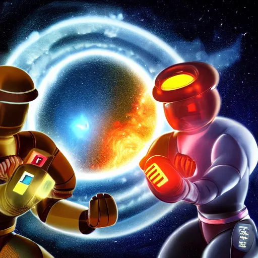 Prompt: 2 karate robots playing rock paper scissors, on the scale of the galaxy, in front of a supernova, high res, james p webb telescope, digital art