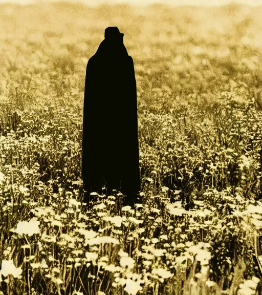 Image similar to mystical black death god standing in tall meadow of flowers, distant, vintage film photo, grainy, high detail, high resolution