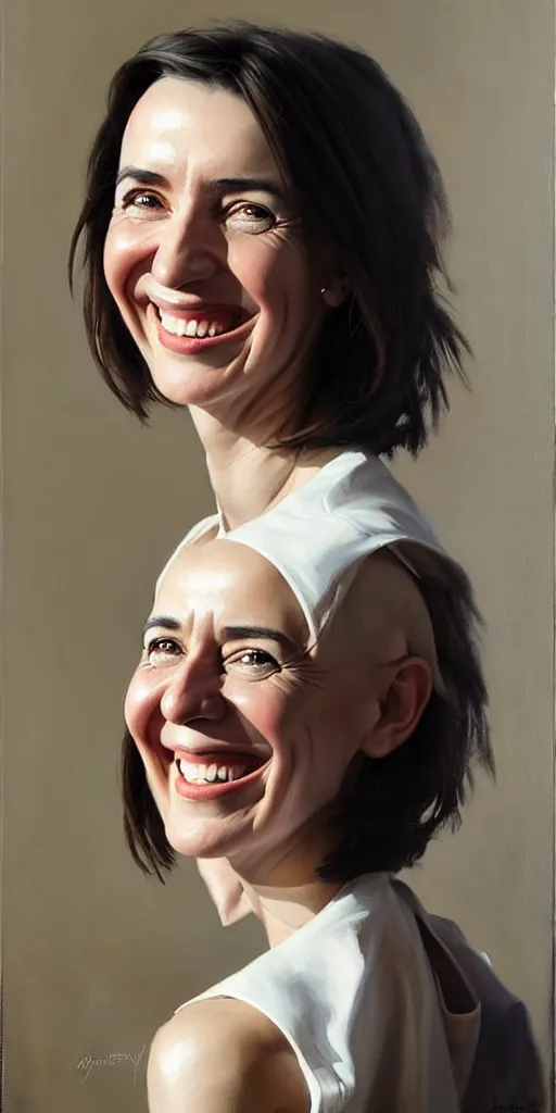 Image similar to maia sandu smiling painting by james gurney greg rutkowski photo by angelique boissiere art streiber, photorealistic, hyperdetailed