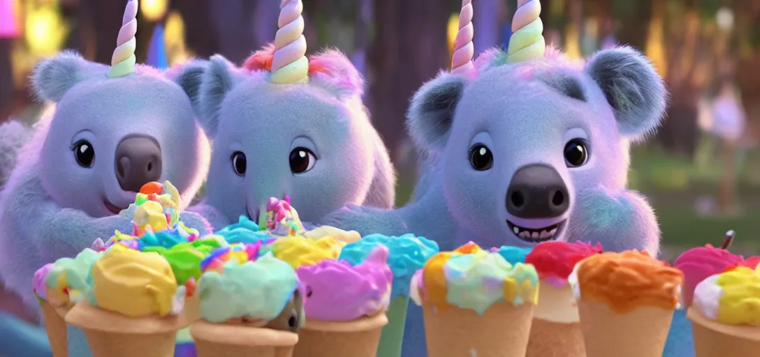 Image similar to a medium shot of a unicorn and koala enjoying ice cream cones at a birthday, highly detailed, Pixar movie, anamorphic lens