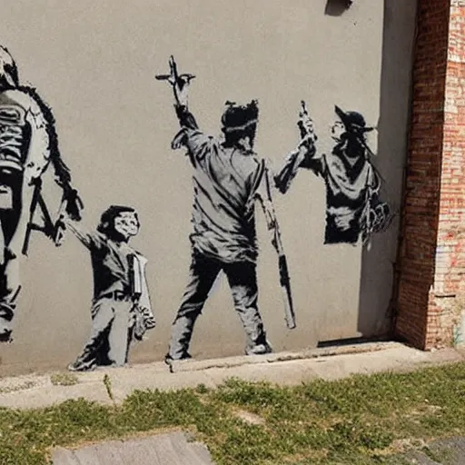 Image similar to outlaws and outsiders turn their back to the current society and create a new world in the style of banksy