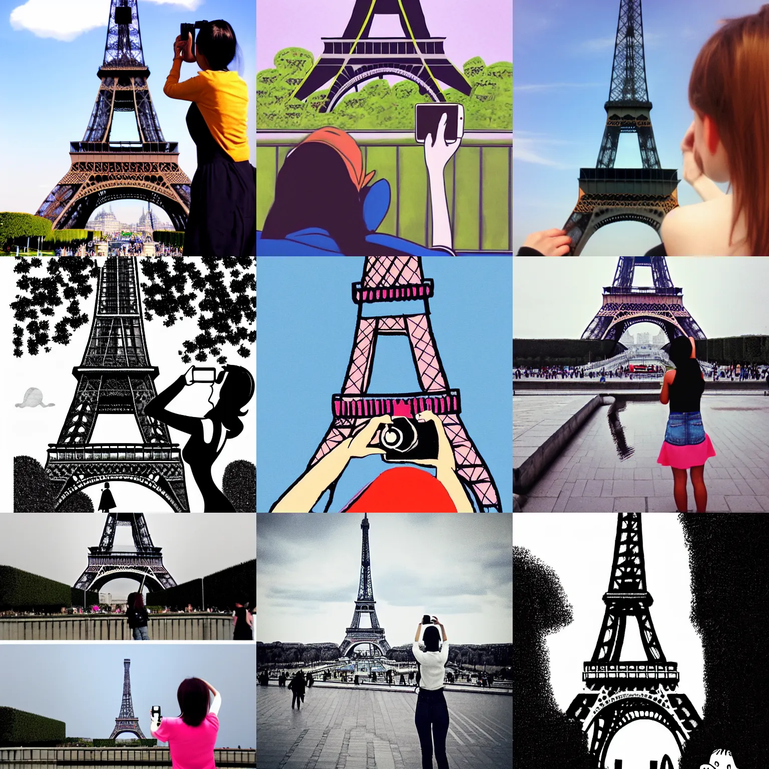 Prompt: A girl taking a photo of the eiffel tower by Osamu Tezuka, trending on artstation