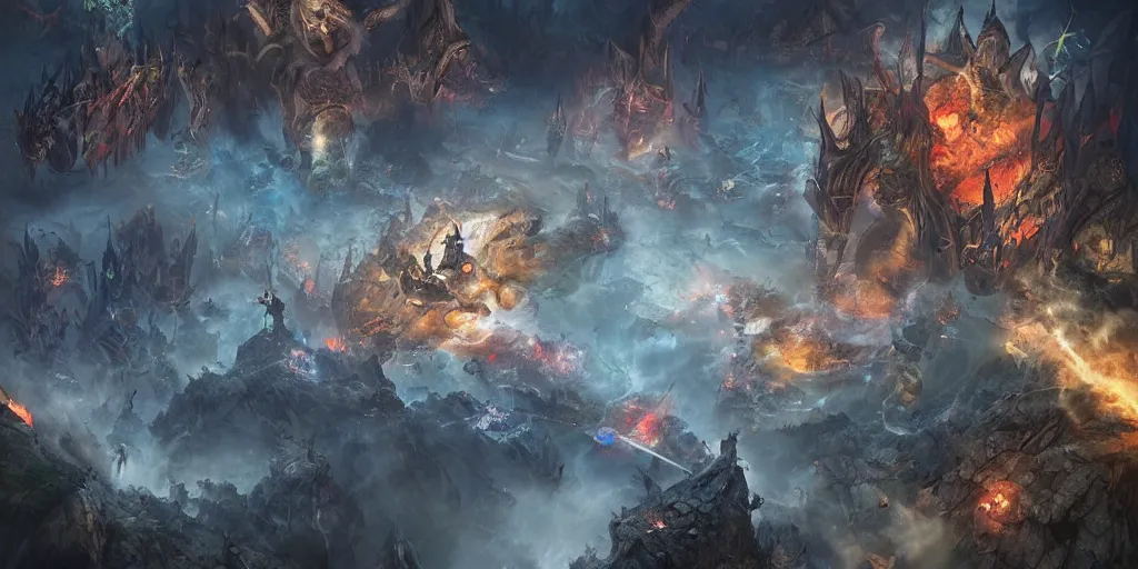 Image similar to aerial long shot fantasy battlefield with knights versus demons with magic and terror beasts, digital art, detailed, art station, render, volumetric light