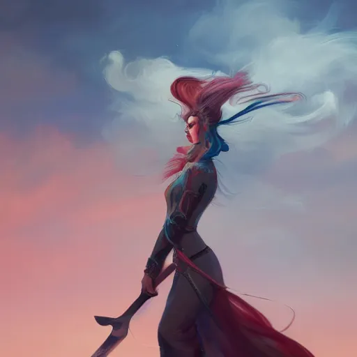 Image similar to a painting of a woman holding a sword, a digital painting by peter mohrbacher, trending on artstation, metaphysical painting, speedpainting, made of feathers, digital painting, painting made of feathers mist and cloud, the woman made of curly silk with red edges