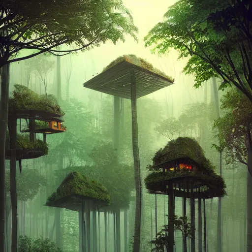 Prompt: surreal treehouses in a rainforest, cyberpunk , concept art, artstation, photorealistic, hyper detailed, atmospheric, volumetric lighting, foggy