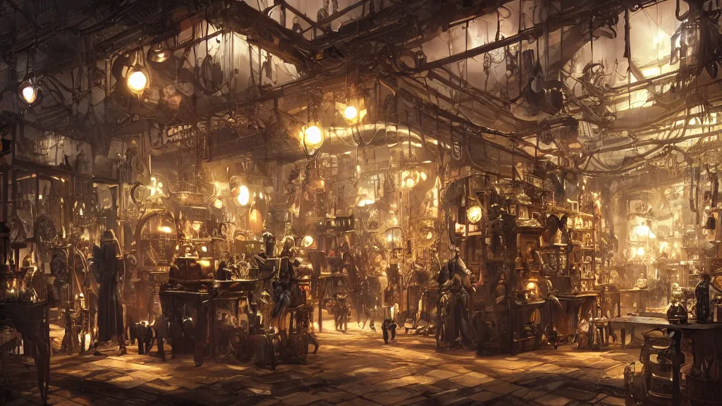 Prompt: A steampunk store, by Danar Worya and Greg Rutkowski, and artgerm, ultra detailed displays of weapons and clockwork machinations densely packed on shelves, volumetric lighting, 8k, unreal engine, trending on artstation