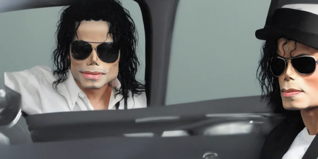 Image similar to michael jackson 2 0 0 9 wearing shades, alone, this is it style, photo real, pores, motion blur, sitting in black car with window open, by himself, real life, spotted, ultra realistic face, accurate, 4 k, movie still, uhd, sharp, detailed, cinematic, render, modern