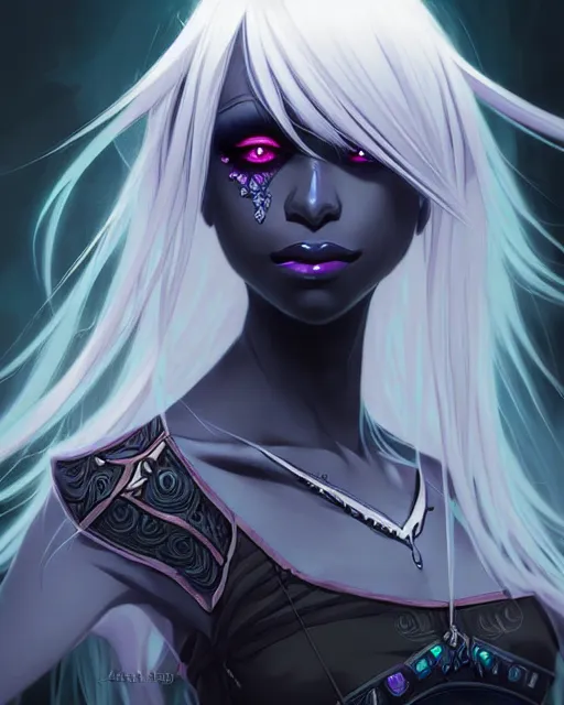 Image similar to portrait of an anime female drow necromancer, hd, illustration, epic, d & d, fantasy, intricate, elegant, highly detailed, digital painting, artstation, concept art, smooth, sharp focus, illustration, art by artgerm and greg rutkowski and alphonse mucha, monster hunter illustrations art book