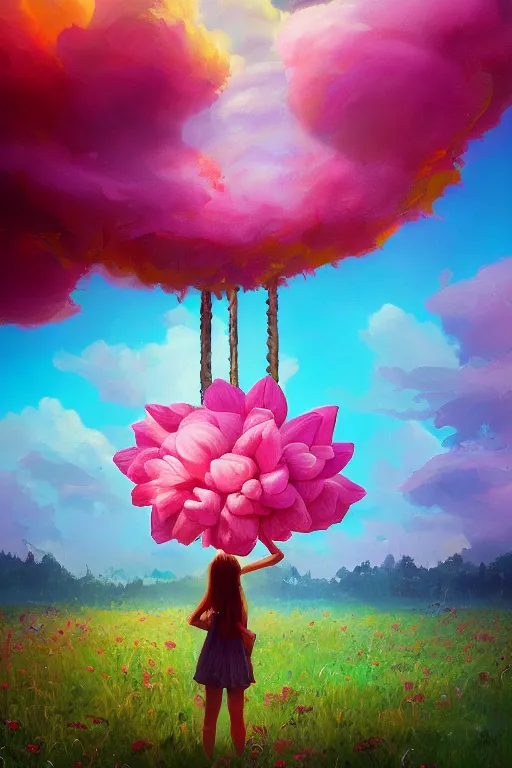 Image similar to closeup, giant flower as a head, girl surrounded by djungle, surreal photography, sunrise light, colorful clouds, impressionist painting, digital painting, artstation, simon stalenhag