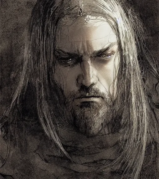 Prompt: portrait of man with long blond hair tied up wearing black robes, pen and ink, intricate line drawings, by craig mullins, ruan jia, kentaro miura, greg rutkowski, loundraw