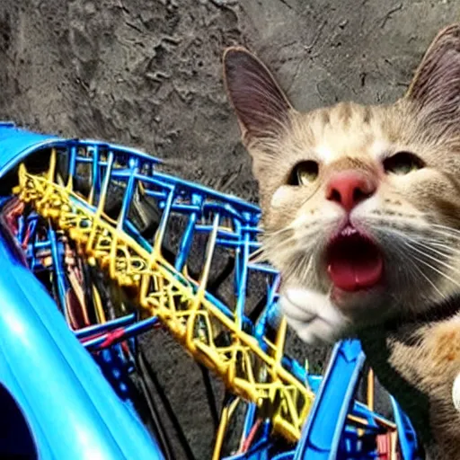 Prompt: selfie of a shouting cat riding a roller - coaster, highly - detailed realistic award - winning