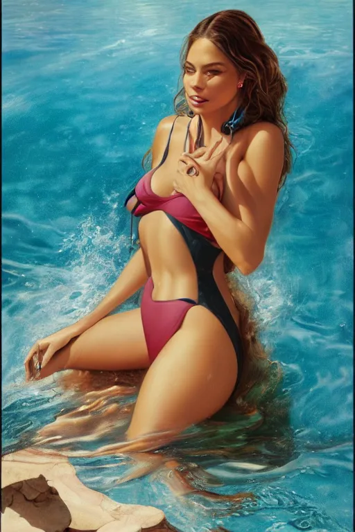 Prompt: a stunning ultra realistic fine art painting of Sofia Vergara in a swimsuit by a pool, by tom bagshaw, studio portrait, vibrant colors, 4K