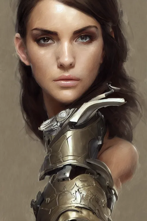 Image similar to a professionally painted portrait of an attractive young woman, clothed in military armor, olive skin, long dark hair, beautiful bone structure, symmetrical facial features, intricate, elegant, digital painting, trending on Artstation, concept art, smooth, sharp focus, illustration, from Metal Gear by Ruan Jia and Mandy Jurgens and Artgerm and William-Adolphe Bouguerea, award winning