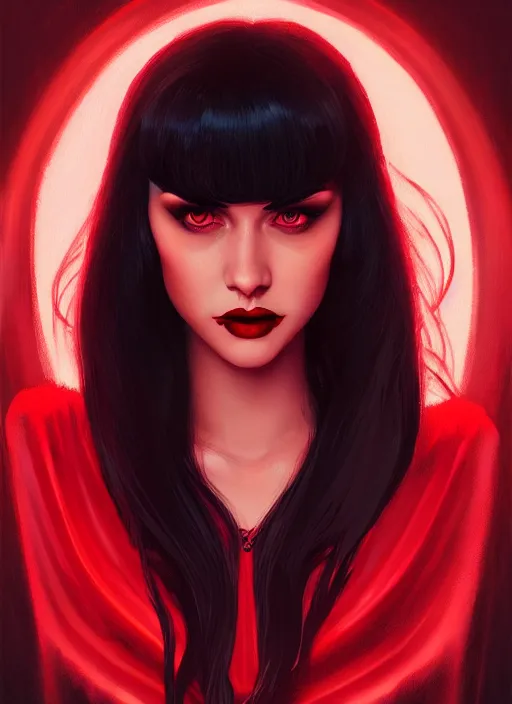 Image similar to portrait of vampire veronica lodge with bangs, vampire fangs, vampire, long hair, red clothes, bangs, vampironica, intricate, elegant, glowing lights, highly detailed, digital painting, artstation, concept art, smooth, sharp focus, illustration, art by wlop, mars ravelo and greg rutkowski