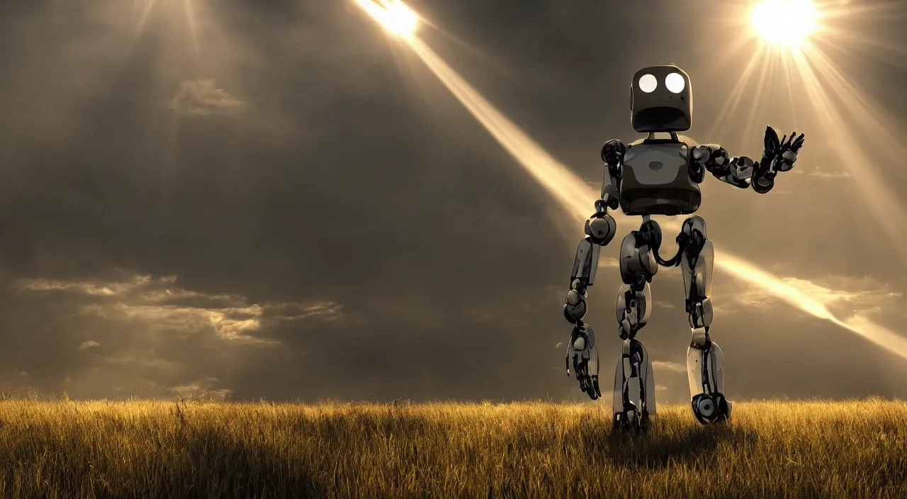 Image similar to a robot in a movie, cinematic shot, sun beams